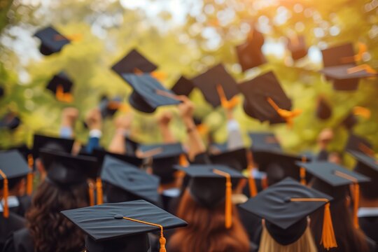  Graduation caps in the hands of students, thrown in the air at sunset. No face. Blurred background. 

