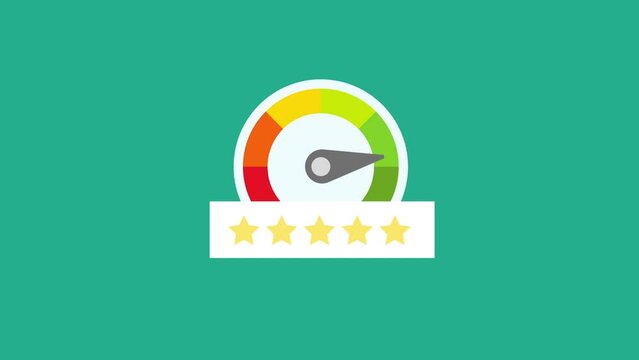 satisfaction meter with a needle pointing to the yellow section, indicating a moderate level of satisfaction. Below it, there are five stars. motion animation