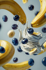 Blueberries, Yogurt Dessert and Bananas Flying Through the Air on a Grey Blue Background, Dynamic Close-Up Shot, Healthy and Fresh, Ideal for Marketing Materials