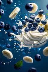 Blueberries, Mint Leafs and Bananas Falling Into a Glass With Yoghurt on a Dark Blue Background, Dynamic Close-Up Shot, Healthy and Fresh, Ideal for Marketing Materials