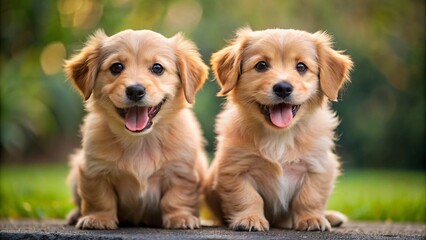 Cute Golden Retriever puppies sitting in the park in summer