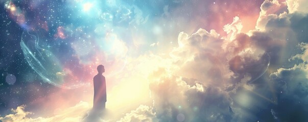 solitary figure meditating amidst a surreal cloudscape, backlit by a cosmic star field - obrazy, fototapety, plakaty