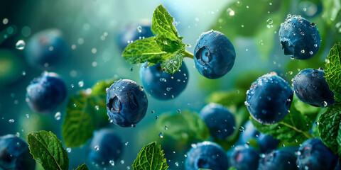 Fresh Blueberries And Mint Leafs Covered in Water Droplets Floating in The Air on a Blue Background, Dynamic Close-Up Shot, Healthy and Fresh, Ideal for Marketing Materials