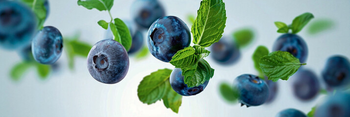 Blueberries And Mint Leafs  Floating in The Air on a Neutral Background, Dynamic Close-Up Shot, Healthy and Fresh, Ideal for Marketing Materials