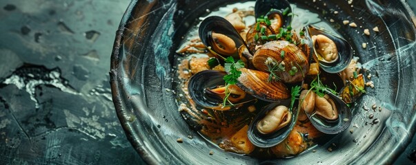 mussel delicacy dish on a plate. - obrazy, fototapety, plakaty