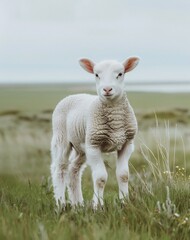 white lamb stands in the green grass