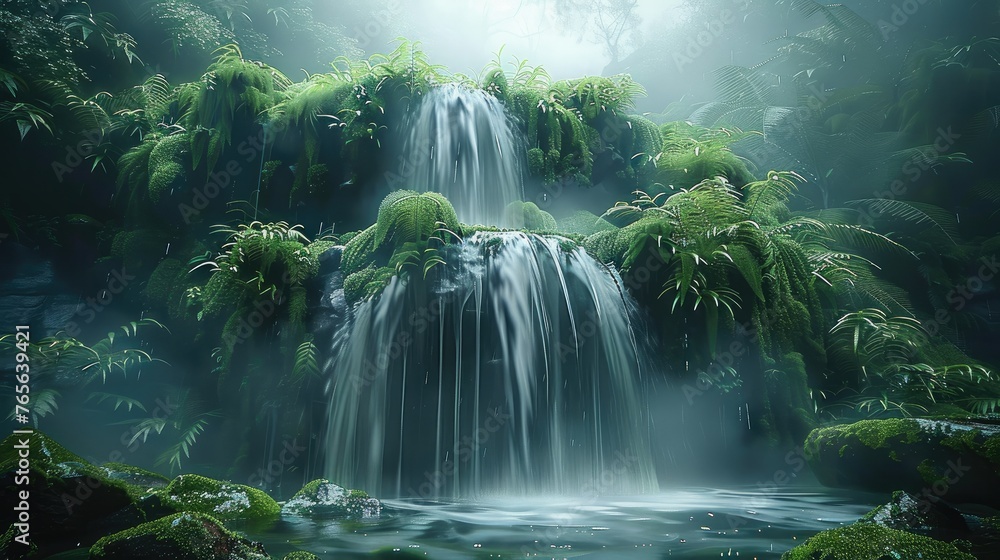 Poster a small waterfall in the middle of an ancient mossy jungle with a foggy atmosphere. generative ai.