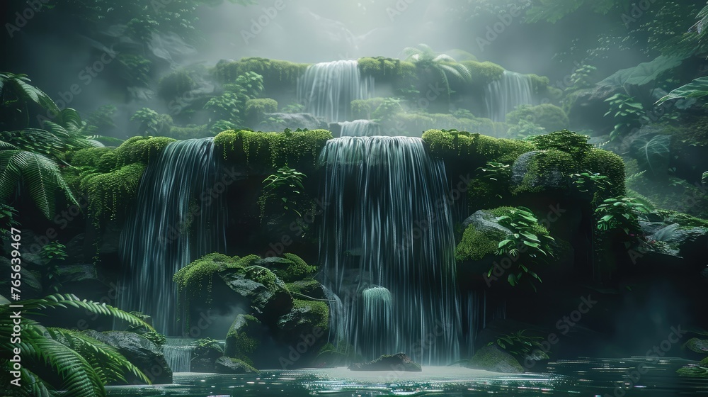 Poster a small waterfall in the middle of an ancient mossy jungle with a foggy atmosphere. generative ai.