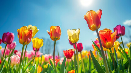 Obraz premium tulips field with blue sky