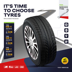 Tire in road. Realistic black rubber tyre with shining disk advertisement flyer, banner, car tire promo poster retail vector concept. 