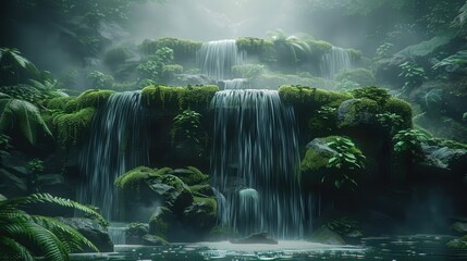 A small waterfall in the middle of an ancient mossy jungle with a foggy atmosphere. Generative AI.
