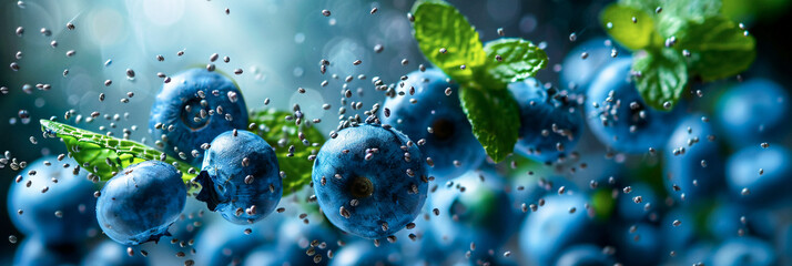 Blueberries, Chia Seeds And Mint Leafs Covered in Water Droplets Floating in The Air on a Blue Background, Dynamic Close-Up Shot, Healthy and Fresh, Ideal for Marketing Materials