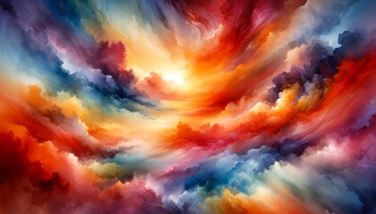 Abstract watercolor painting with a vibrant and dynamic mix of warm colors that resemble a vivid sunset.
