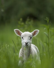 white lamb stands in the green grass