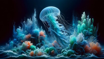 An underwater scene where marine life such as jellyfish and coral are depicted with the same translucent, flowing style as the previous designs. - obrazy, fototapety, plakaty
