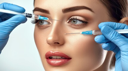 A woman receiving cosmetic injections, syringes near her face.
