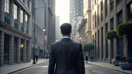 Fototapeta premium Back view of a young businessman in a suit looking at the city