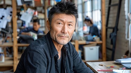 Casual Asian man with a contemplative expression in a creative workspace.