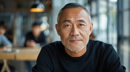 Fototapeta premium Portrait of a mature Asian man with a subtle smile in a cafe.