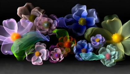 Create a series of different flowers created using the same translucent, flowing material effect as the previous abstract design.