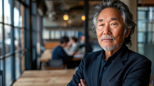 Elegant senior Asian man in black shirt, with a thoughtful expression in a modern caf&eacute;.