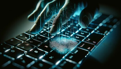 A digitally stylized handprint overlaid on the keys of a backlit keyboard, suggesting the concept of digital fingerprints left behind by a hacker.