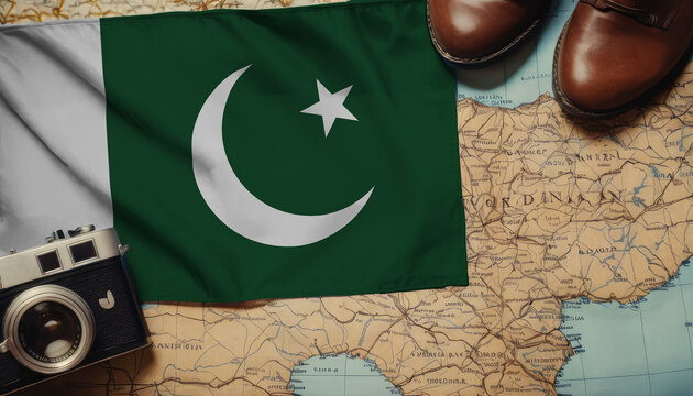 Pakistan flag on the map surrounded by camera, shoes. Travel and tourism concept