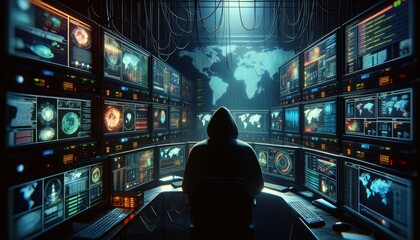 A detailed image illustrating a hacker's lair filled with multiple monitors displaying various types of data and digital maps. - obrazy, fototapety, plakaty