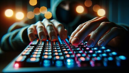 A detailed image showcasing close-up hands typing on a keyboard with backlight keys that are glowing in a spectrum of cyber colors in a dimly lit envi. - obrazy, fototapety, plakaty
