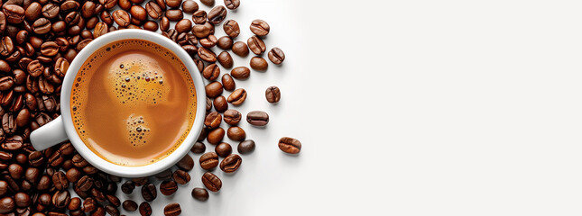 Espresso Coffee in White Cup Surrounded by Coffee Beans
