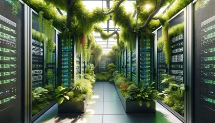 A server room intertwined with lush greenery, showcasing the integration of technology with natural elements for environmental research. - obrazy, fototapety, plakaty