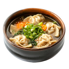 Front view of Manduguk with Korean dumpling soup, featuring dumplings filled with meat and vegetables isolated on a white transparent background