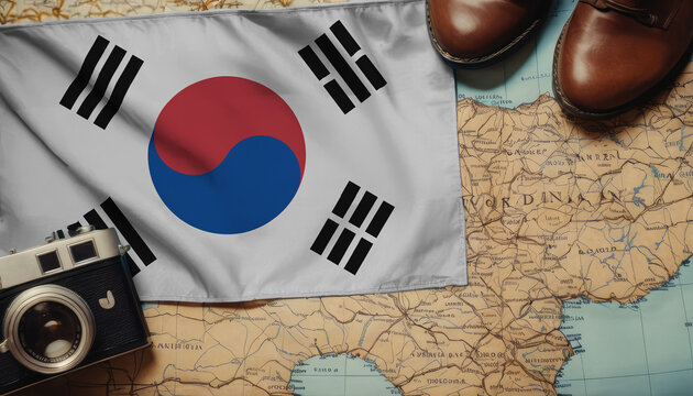 Republic of Korea flag on the map surrounded by camera, shoes. Travel and tourism concept