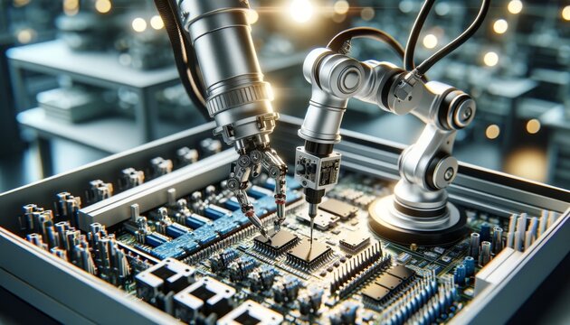 A detailed image showcasing a close-up of a robotic arm in a high-tech environment, assembling small electronic components with precision.