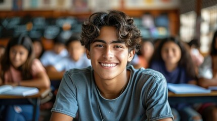 Fototapeta premium Happy young male student in blue shirt in a classroom.