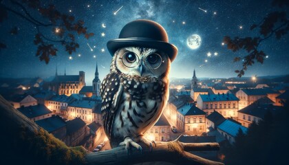 An owl wearing glasses and a bowler hat, perched on a branch with a backdrop of a starry night sky above an old town. - obrazy, fototapety, plakaty