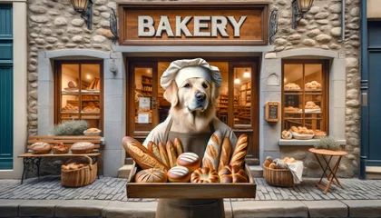Tuinposter A dog dressed as a baker holding a tray of freshly baked bread in front of a rustic bakery storefront. © FantasyLand86