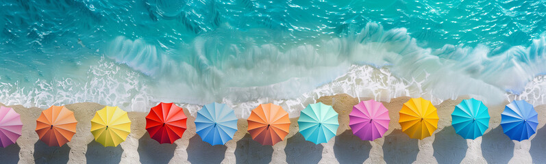 Colorful Beach Umbrellas by Turquoise Sea Aerial View
