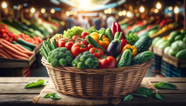 Create a detailed and vivid image of a single vegetable basket in a market setting, focusing closely on the contents.