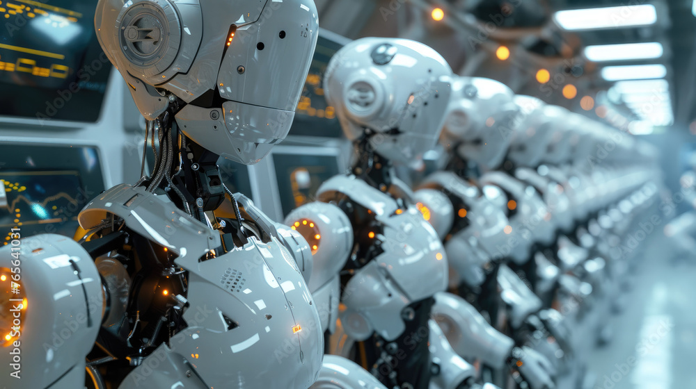 Aufkleber A group of robots working in a laboratory conducting experiments on human DNA, large monitors. Generative AI.