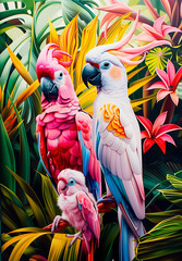 Naklejka premium Vibrant Parrots Perched in a Lush Tropical Setting 