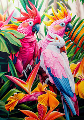 Vibrant Parrots Perched in a Lush Tropical Setting
