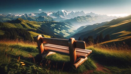 A close-up image of a traditional Swiss wooden bench overlooking the mountains. - obrazy, fototapety, plakaty