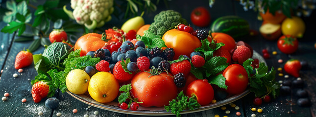Assorted Fresh Fruits and Berries on a Dark Background
