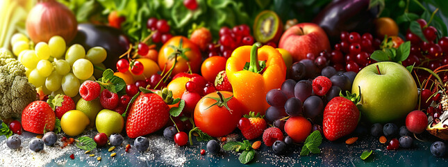 Assorted Fresh Fruits and Berries on a Dark Background
