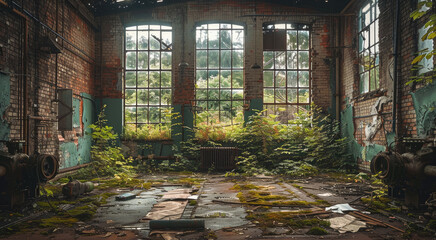 A shuttered factory, broken windows, overgrown weeds, silent machinery, industrial wasteland. Generative AI.