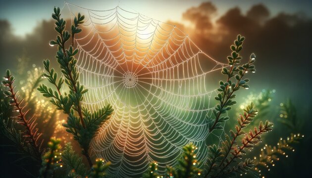A serene and detailed image capturing morning dew on spider webs delicately stretched between green branches.