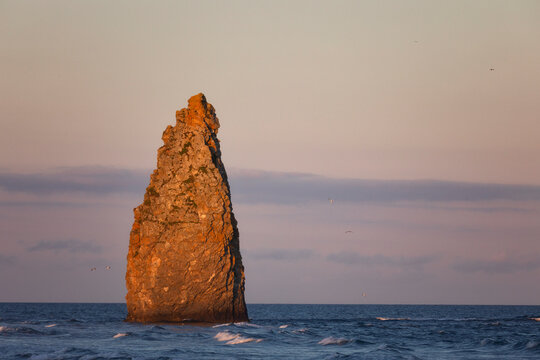 Kunashir. Rock Devil's Finger At Sunset