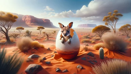 Zelfklevend Fotobehang Craft a scene where a tiny kangaroo joey is peeking its head out of an egg painted like the Australian Outback, set against a backdrop of red desert s. © FantasyLand86