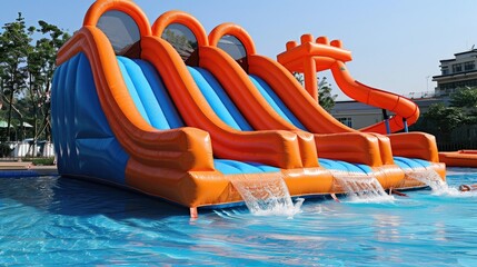 Large inflatable slide at a public pool.